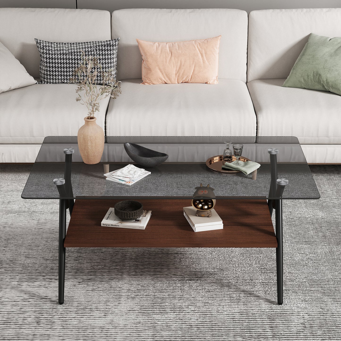 Modern coffee table with smoked glass top and dark wood shelf