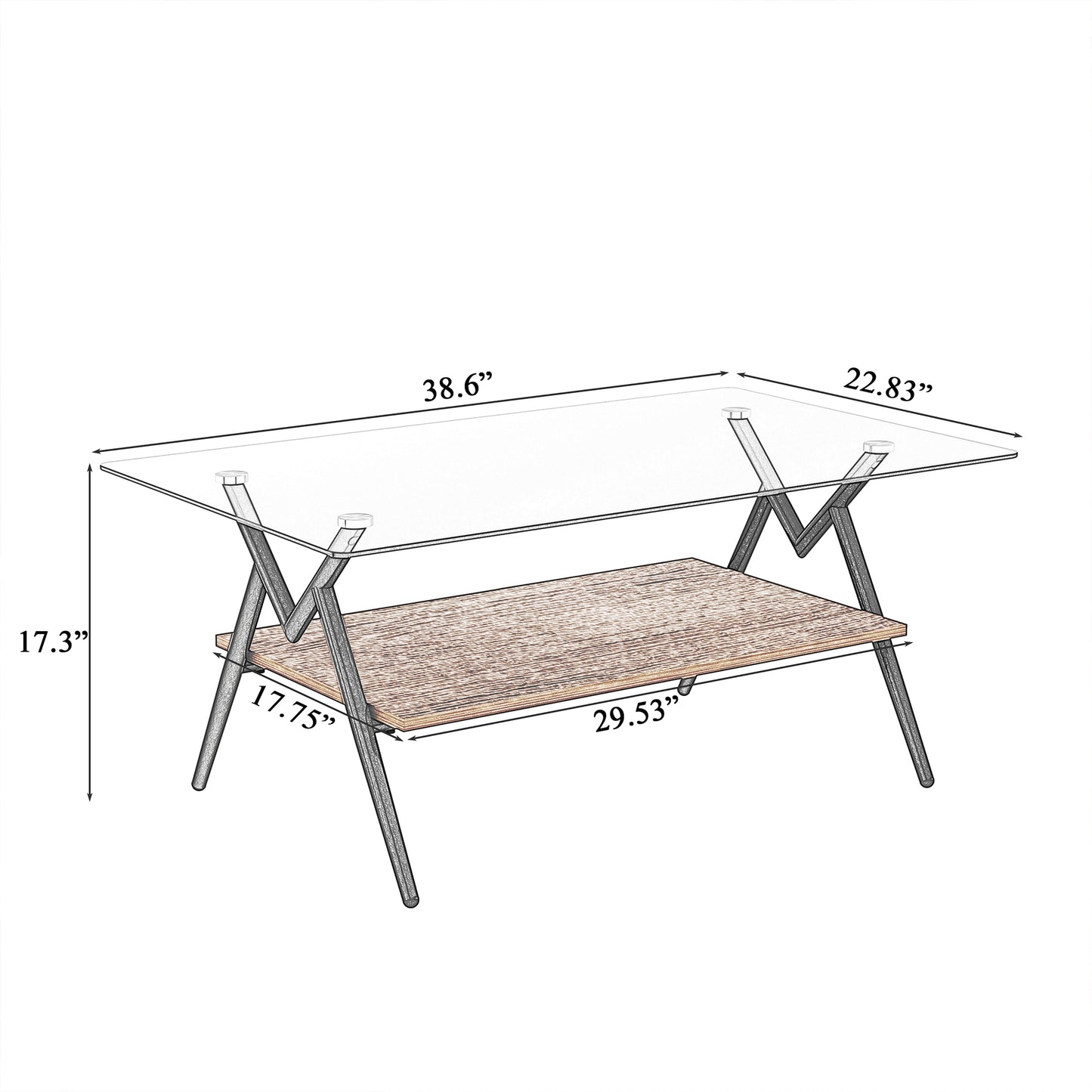 Glass top coffee table with distressed wood shelf and metal Xframe legs
