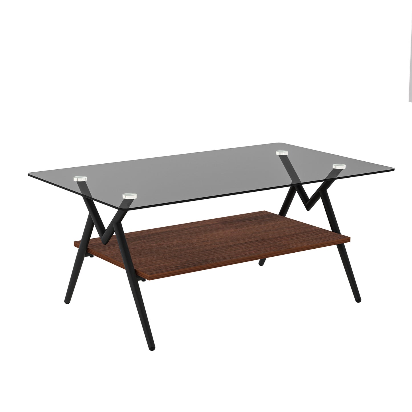 Modern coffee table with smoked glass top and walnut shelf featuring black metal legs