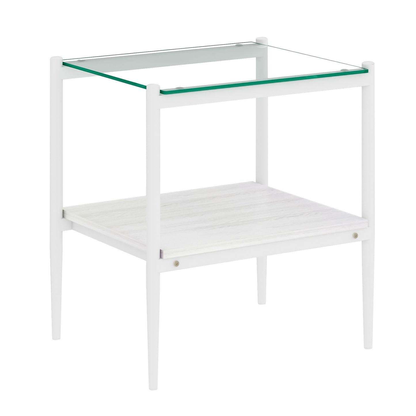 Modern white end table with clear glass top and wood grain shelf