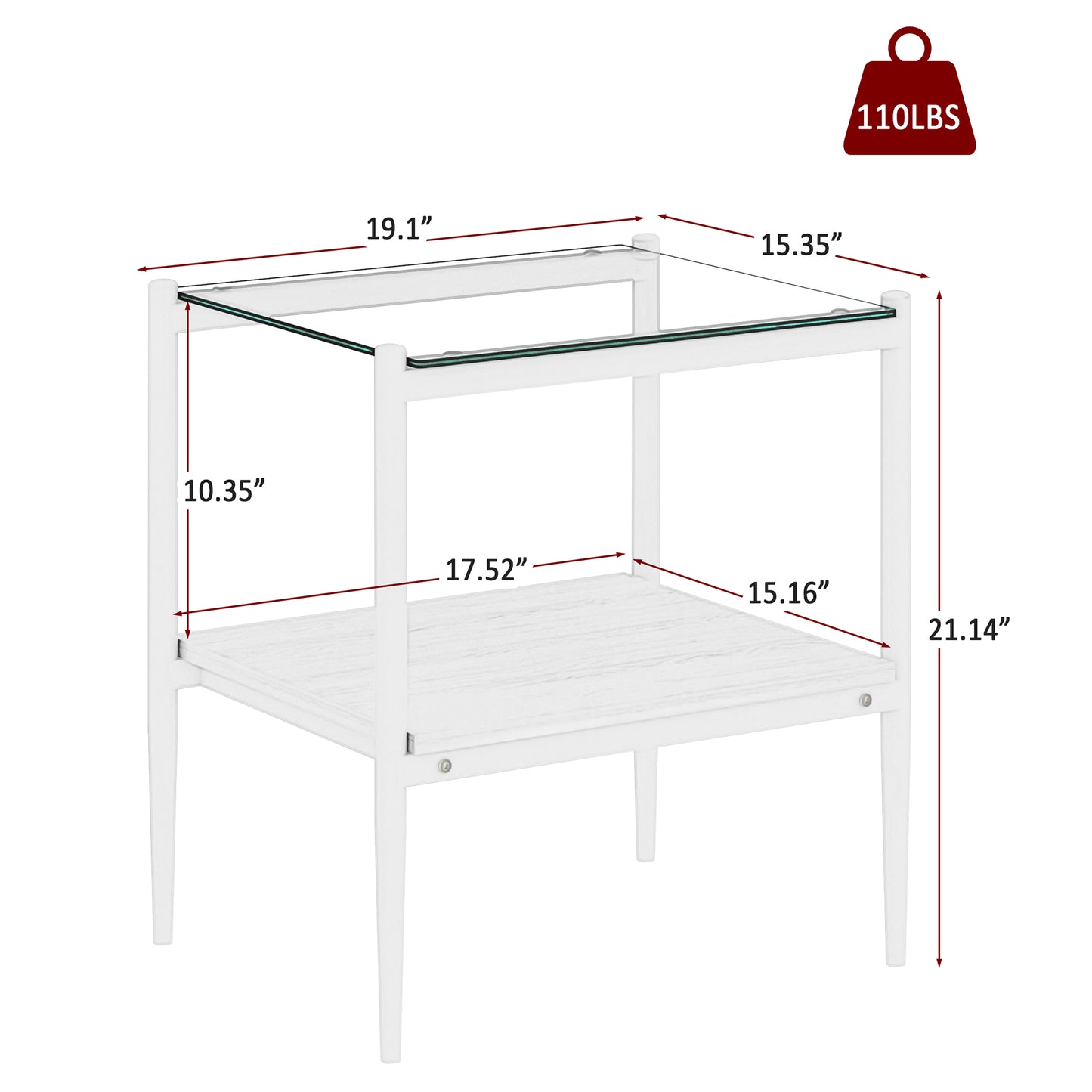 White modern end table with tempered glass top and wooden shelf