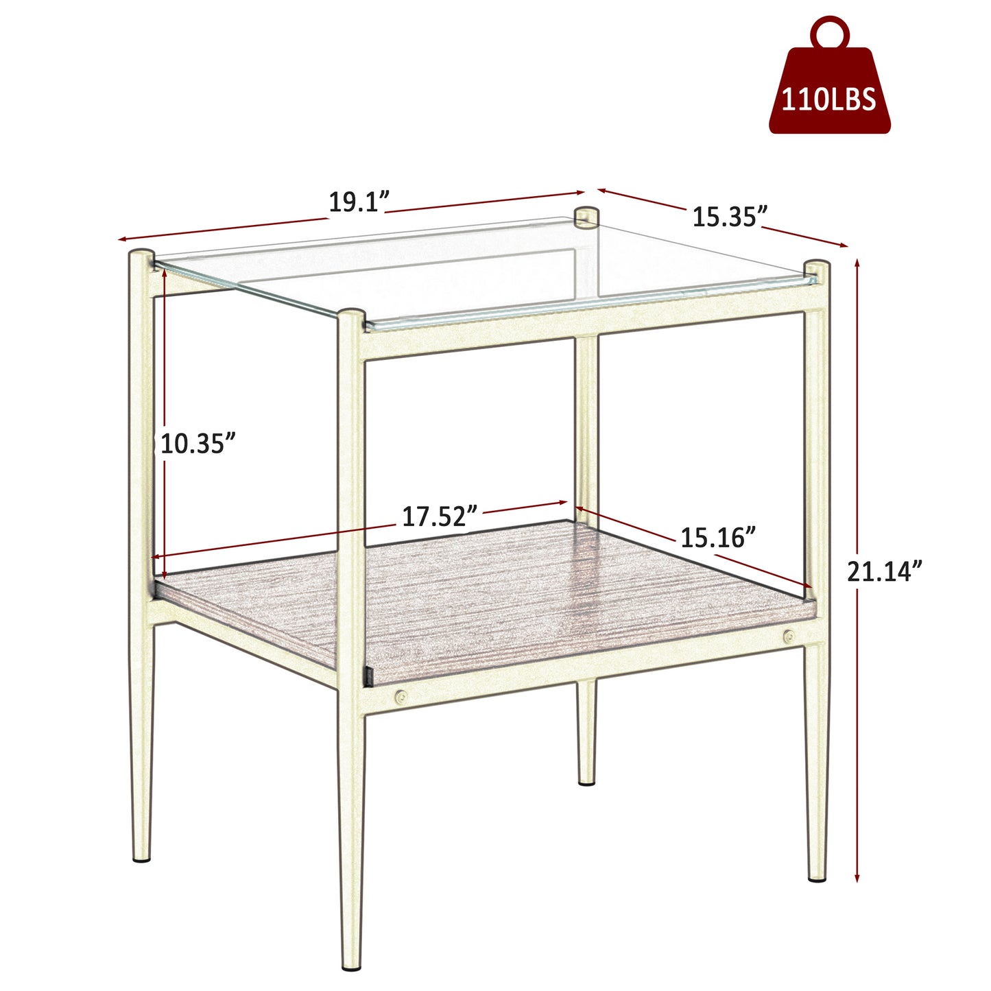 Modern accent table with glass top and wood shelf metallic gold frame