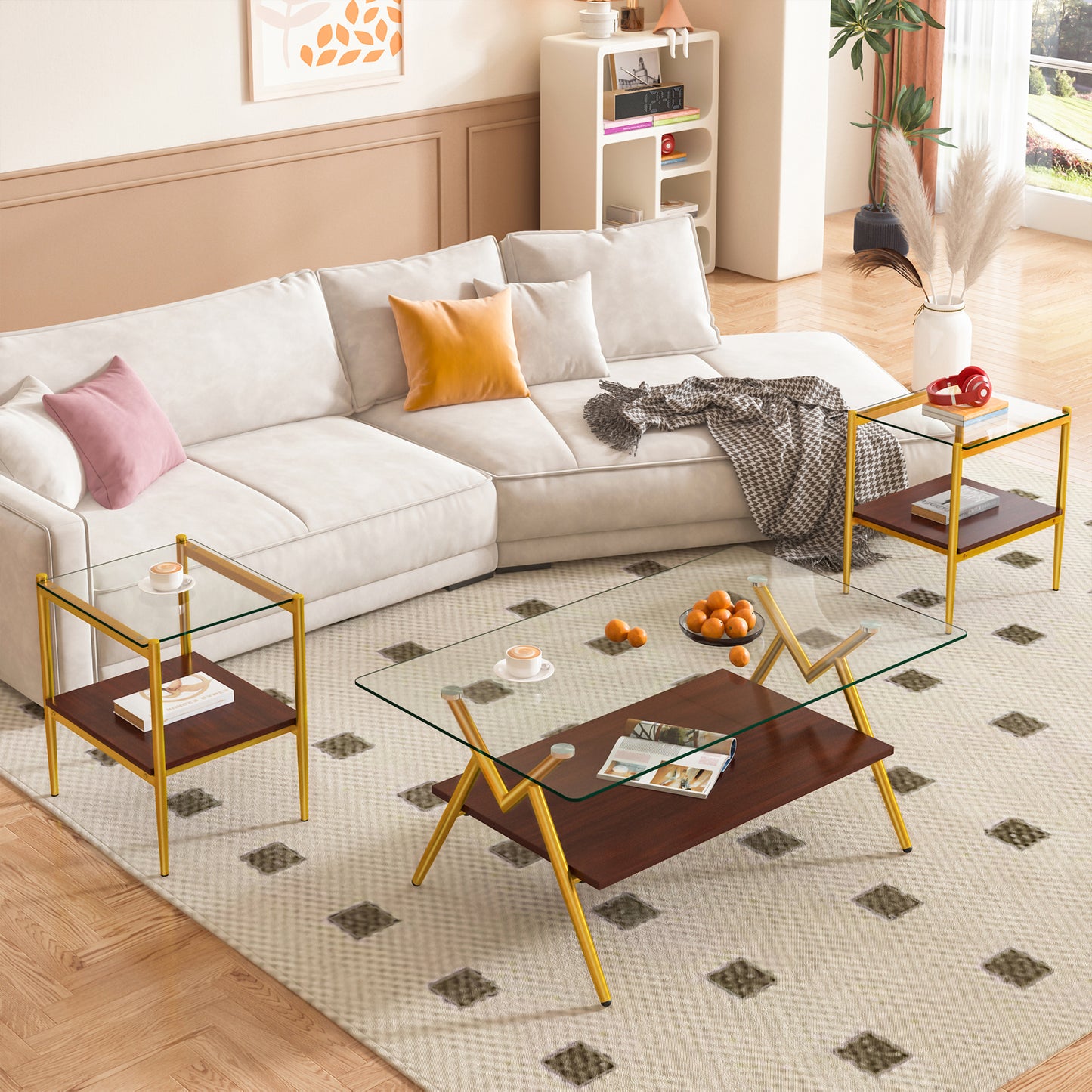 Modern glass coffee table with walnut finish and gold legs perfect for living rooms