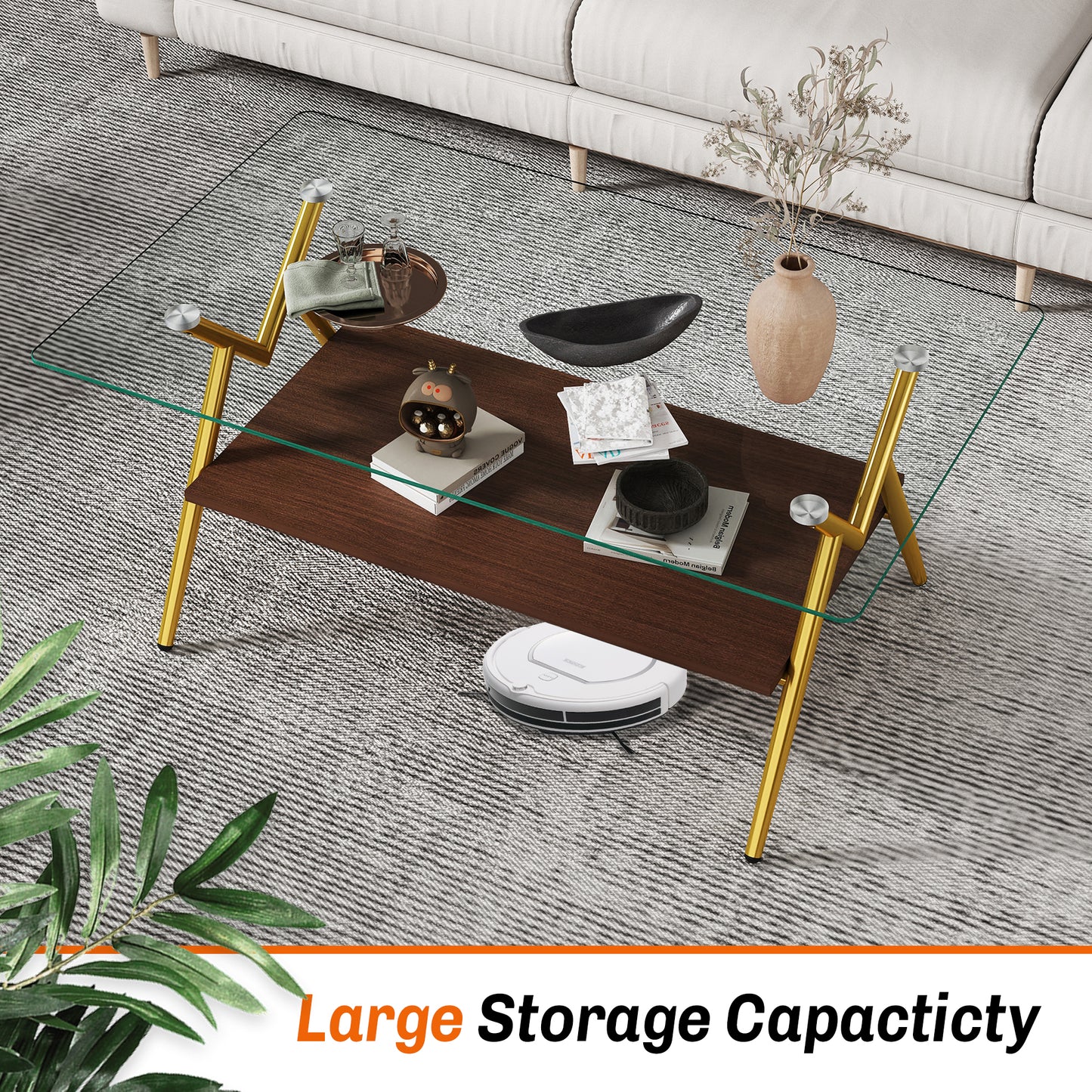Walnut and glass coffee table with gold metal legs on a patterned rug
