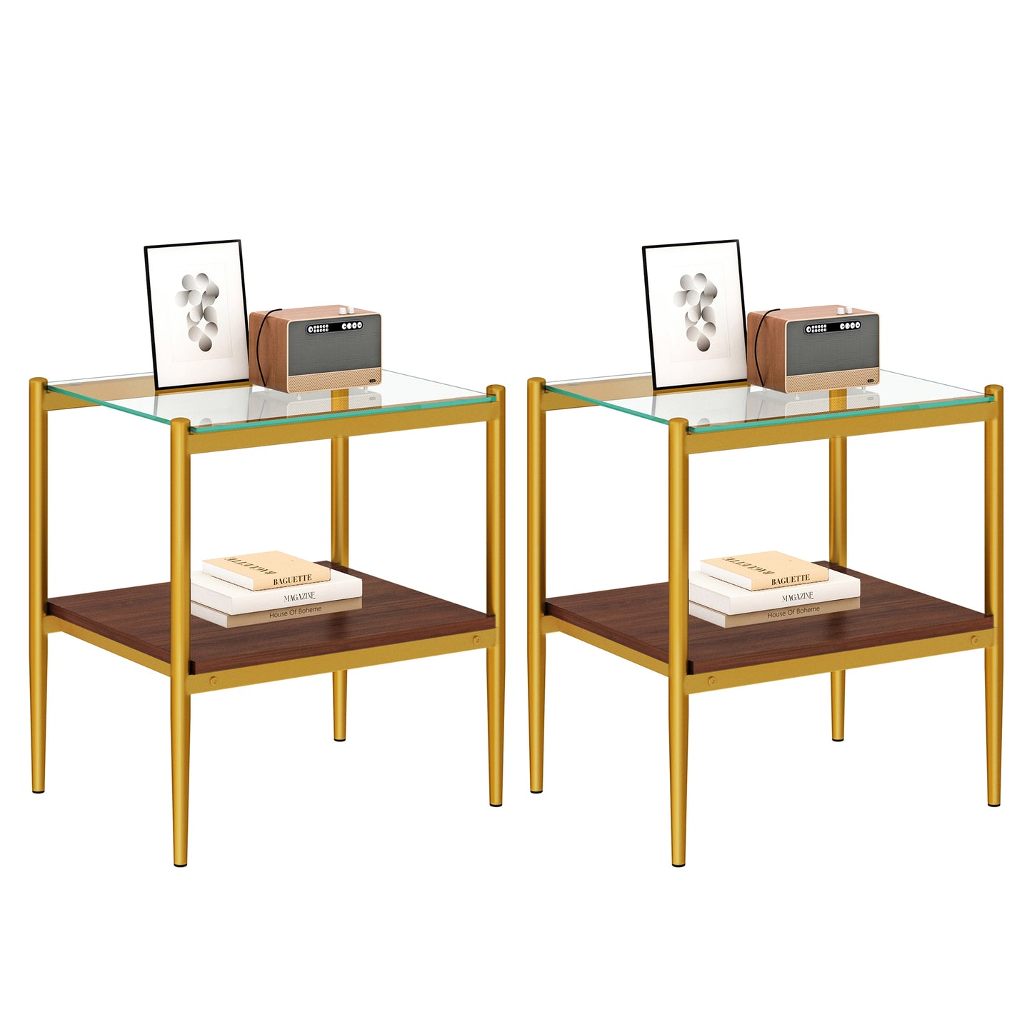 Gold metal and glass end table with wood shelf holding decorative books and a vintage radio