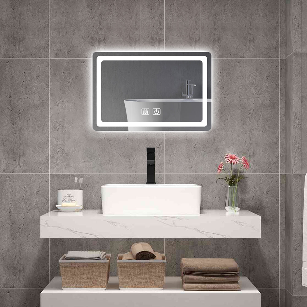Rectangular backlit bathroom mirror with touch controls and defogger