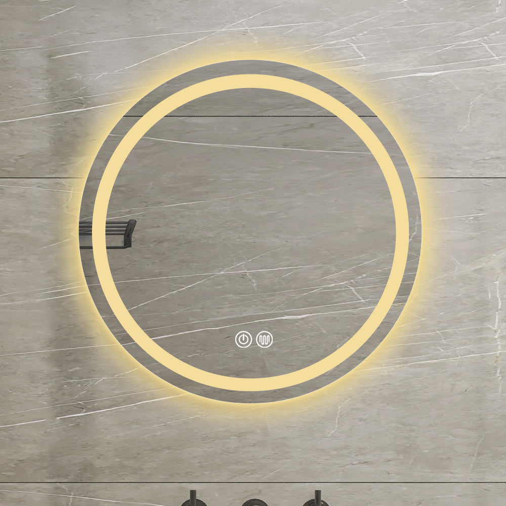 Round LED vanity mirror with adjustable brightness and integrated fogfree technology perfect for bathrooms