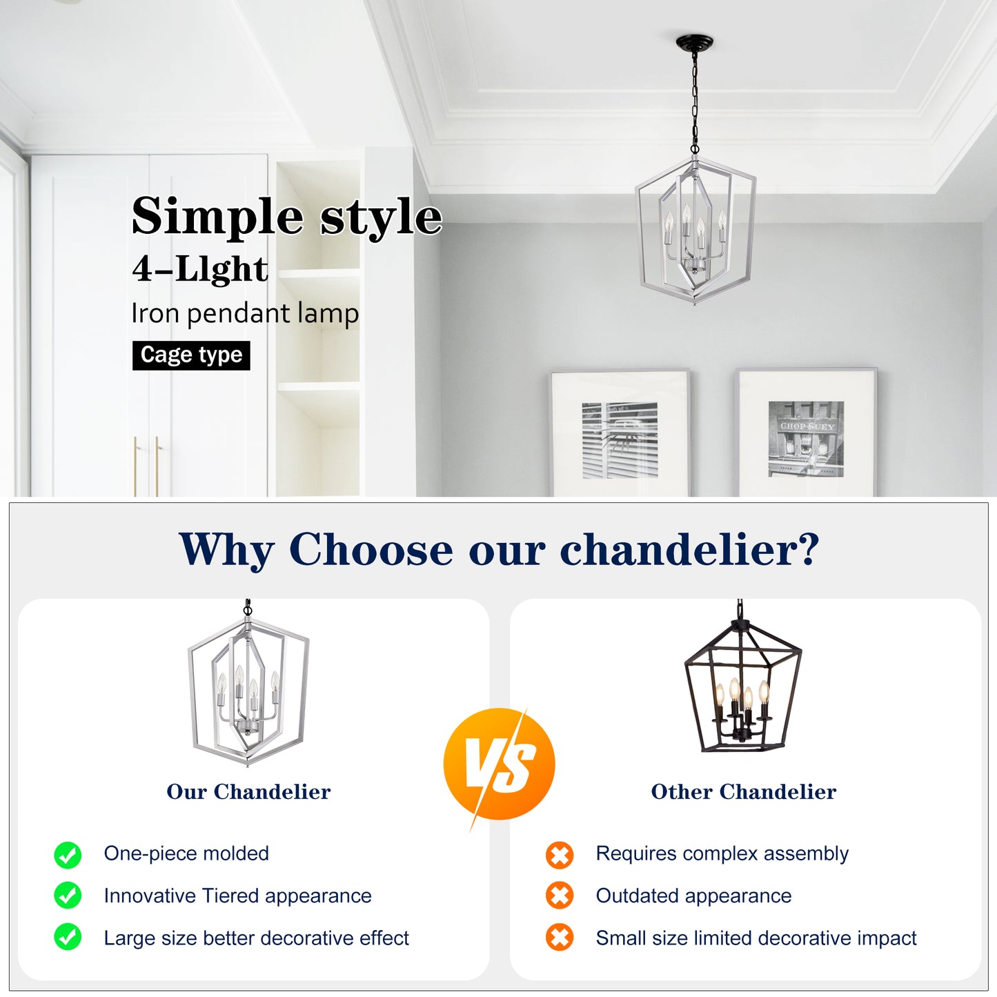 Silver light iron pendant lamp with a modern cage design ideal for dining rooms