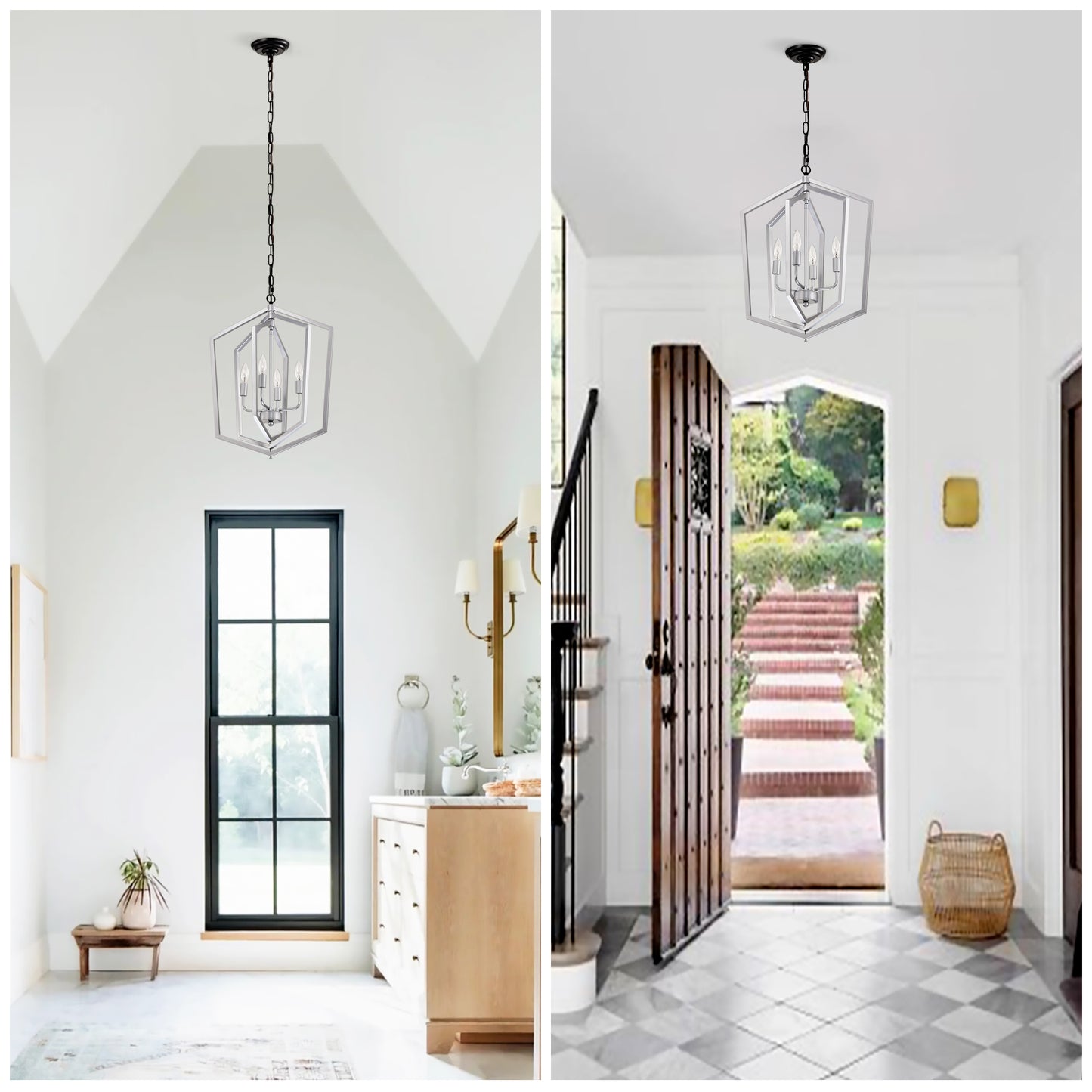 Polished nickel geometric pendant light with four candlestyle bulbs hanging in a vaulted entryway