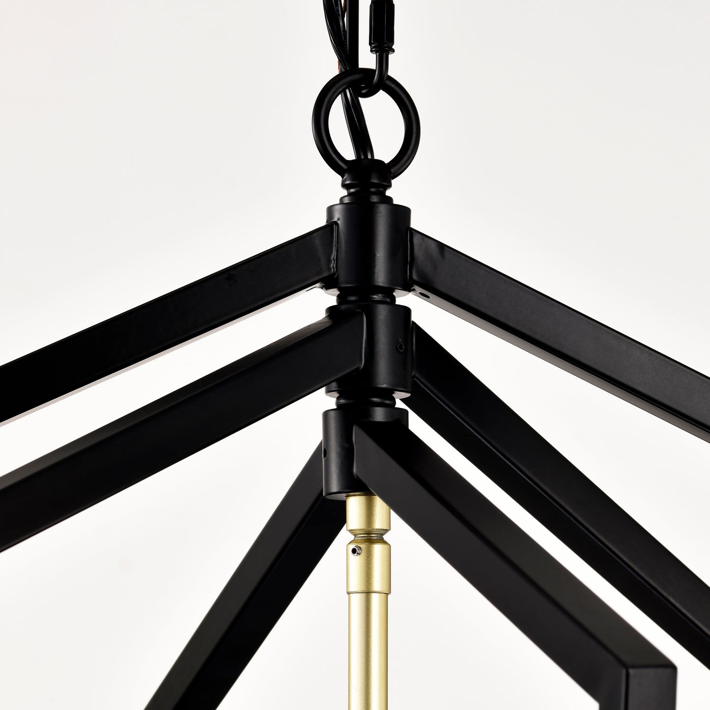 Black metal geometric chandelier frame with brass accents and chain