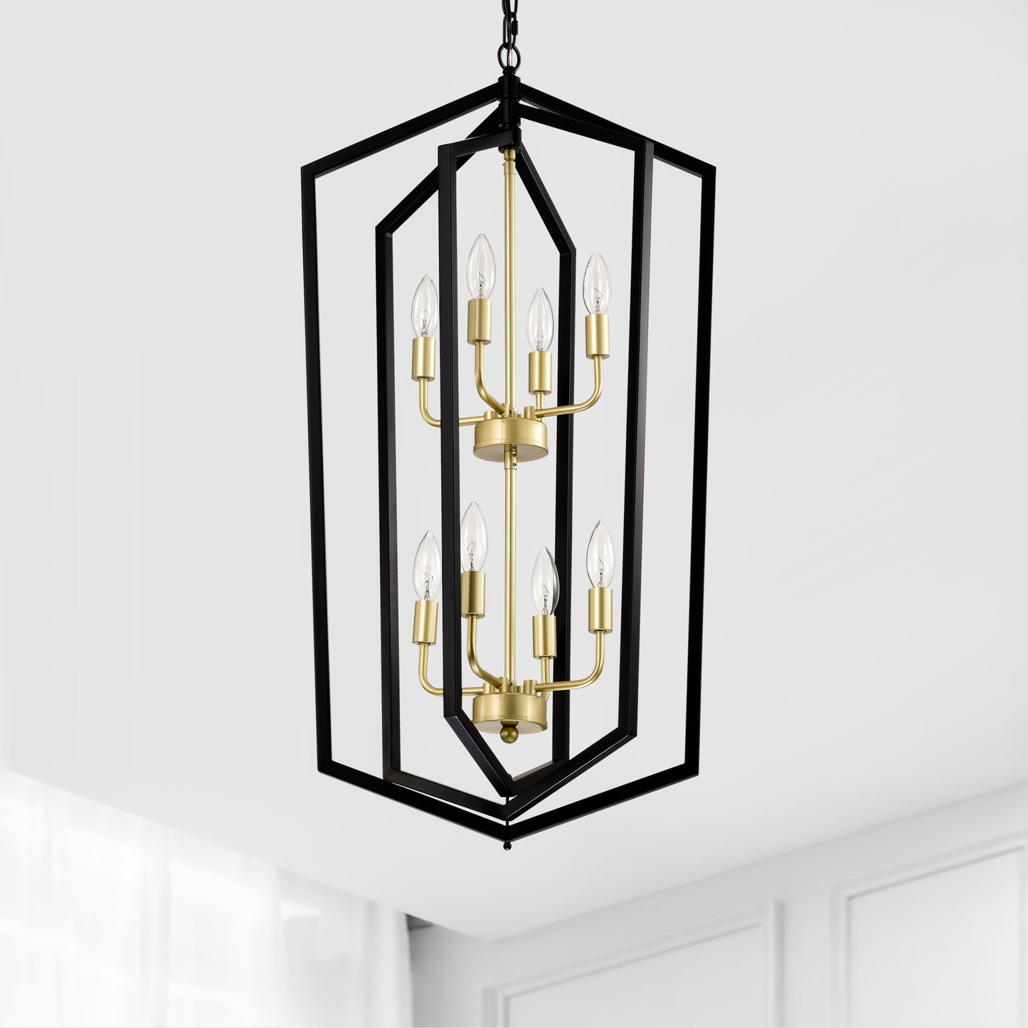 Black and brass geometric cage chandelier with lights