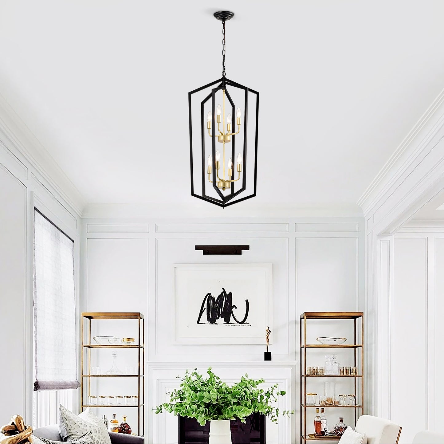 Modern black and gold geometric lantern chandelier with bulbs