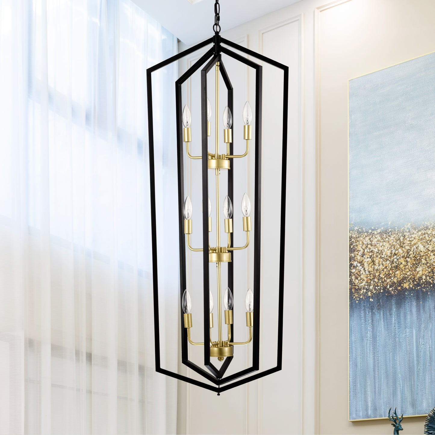 Black and brass modern chandelier with bulbs ideal for dining rooms