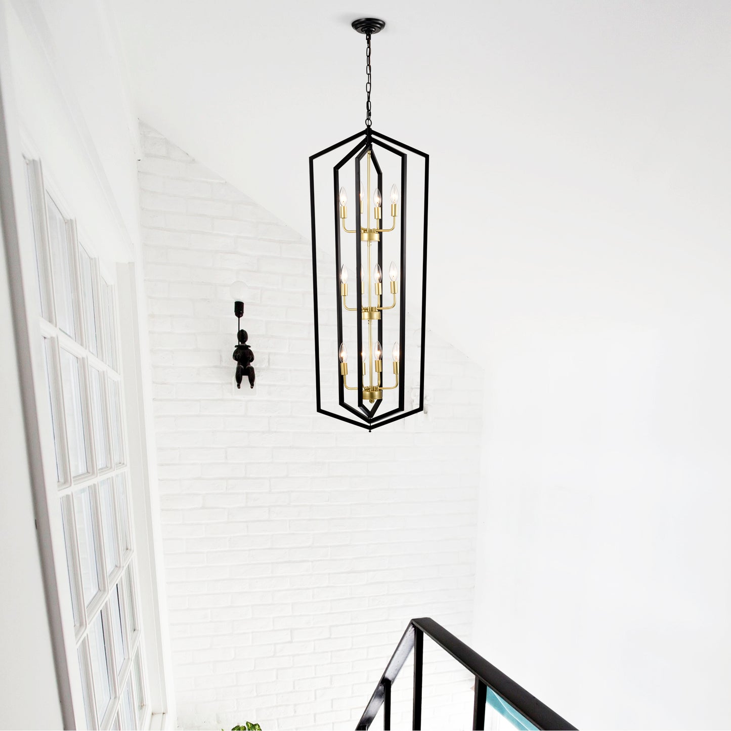 Modern black metal geometric pendant light with brass accents and six bulbs