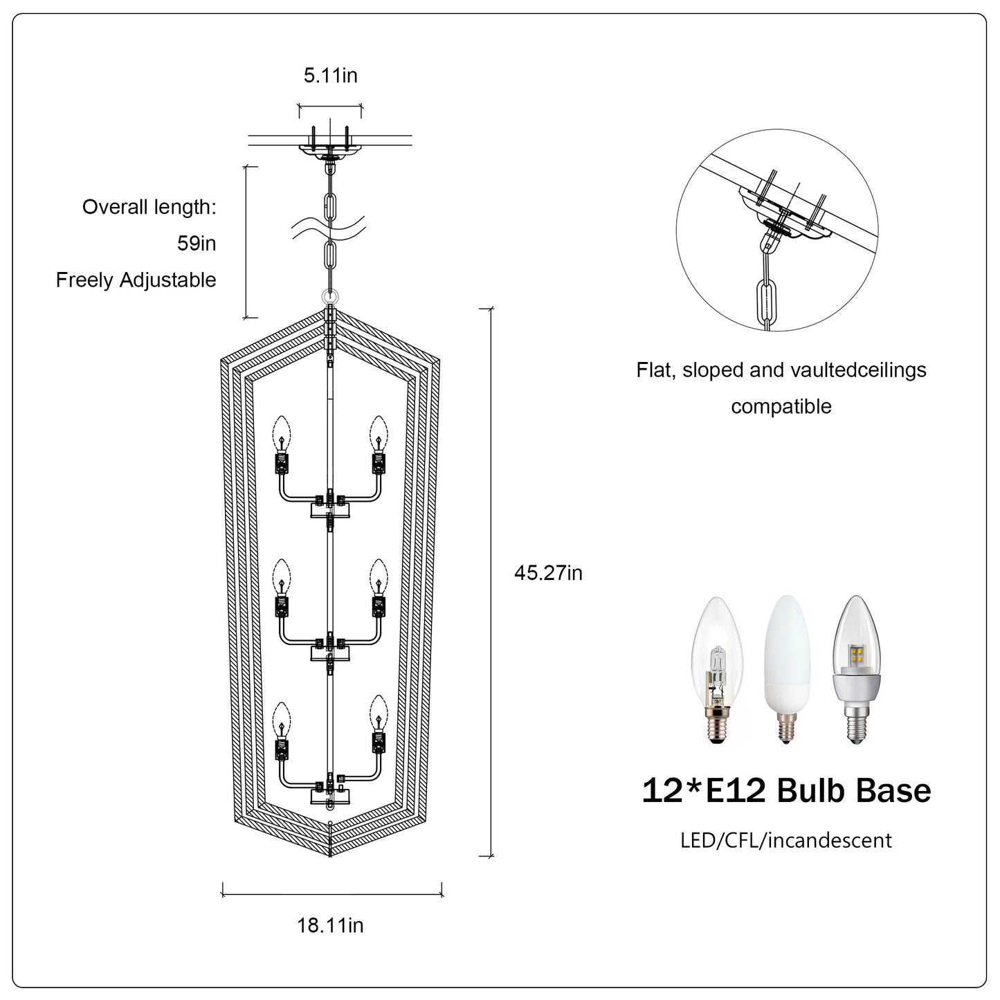 Blueprint diagram of a light tiered chandelier with adjustable in hanging length