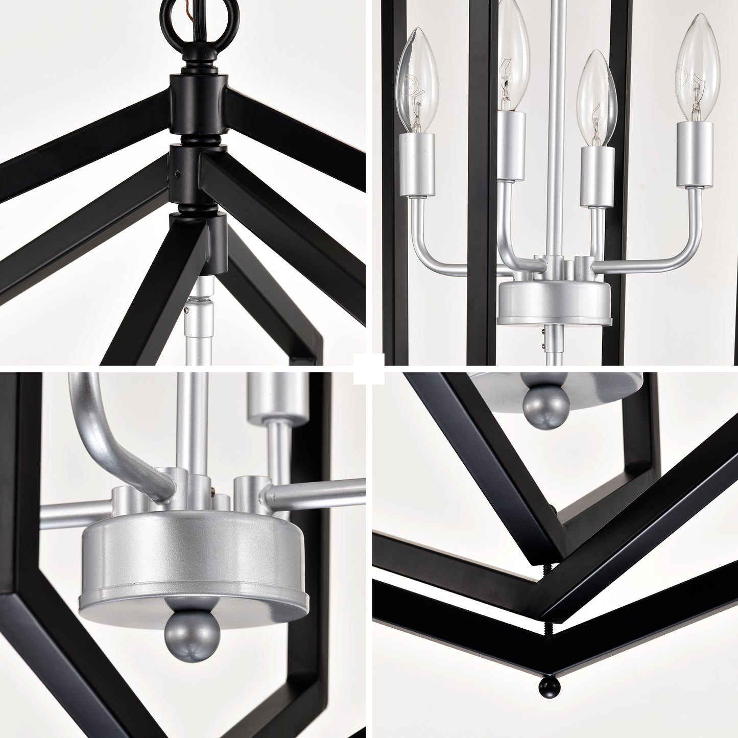 Modern black geometric lantern chandelier with silver accents ideal for dining rooms