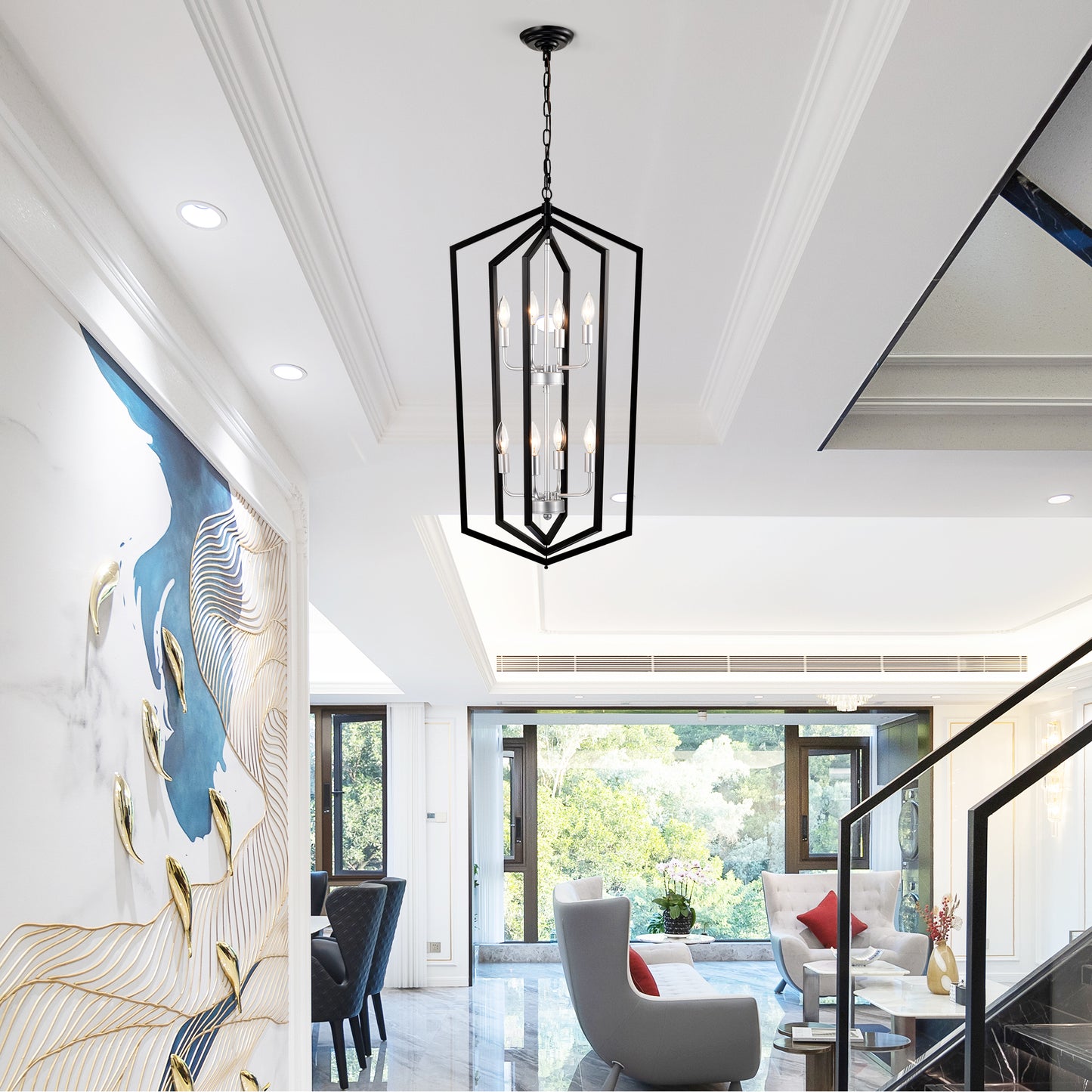 Modern geometric black metal chandelier with six lights for dining room