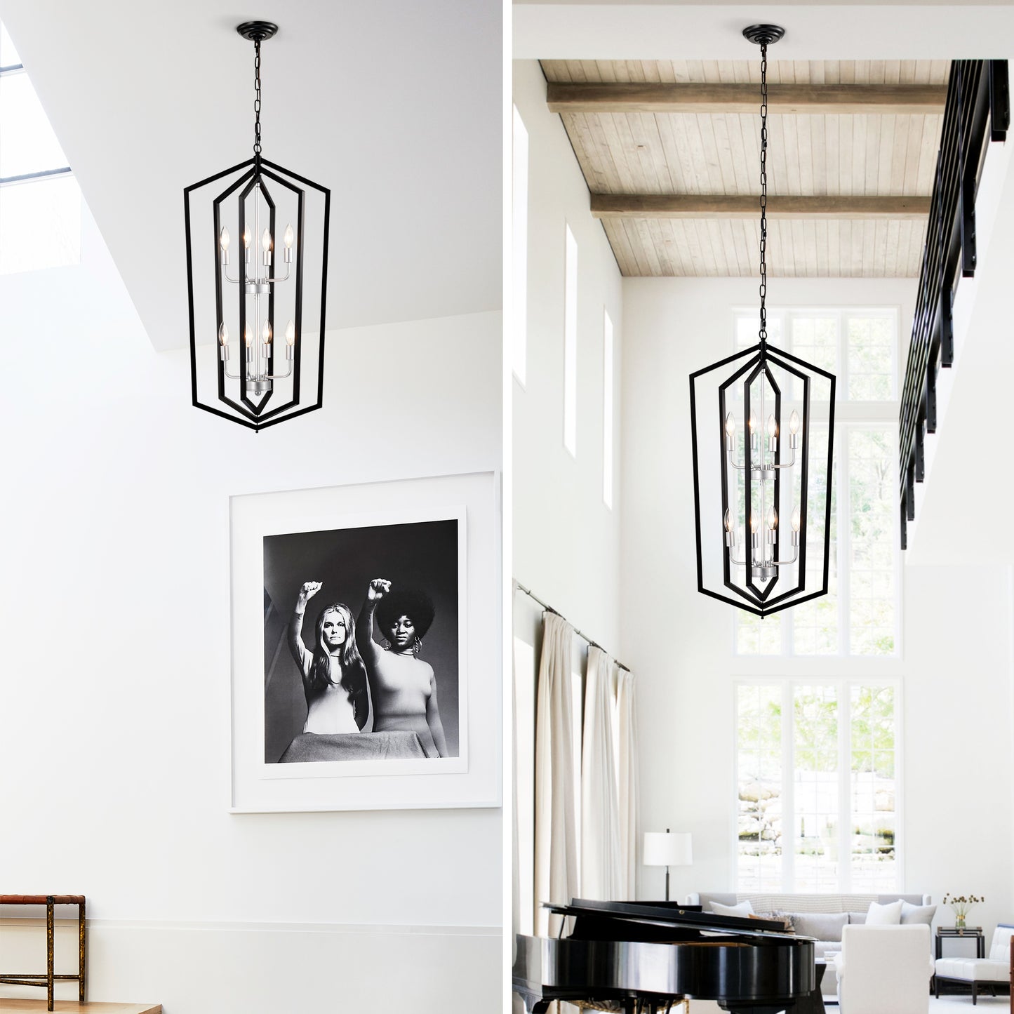 Modern black geometric chandelier with candelabra bulbs and silver accents