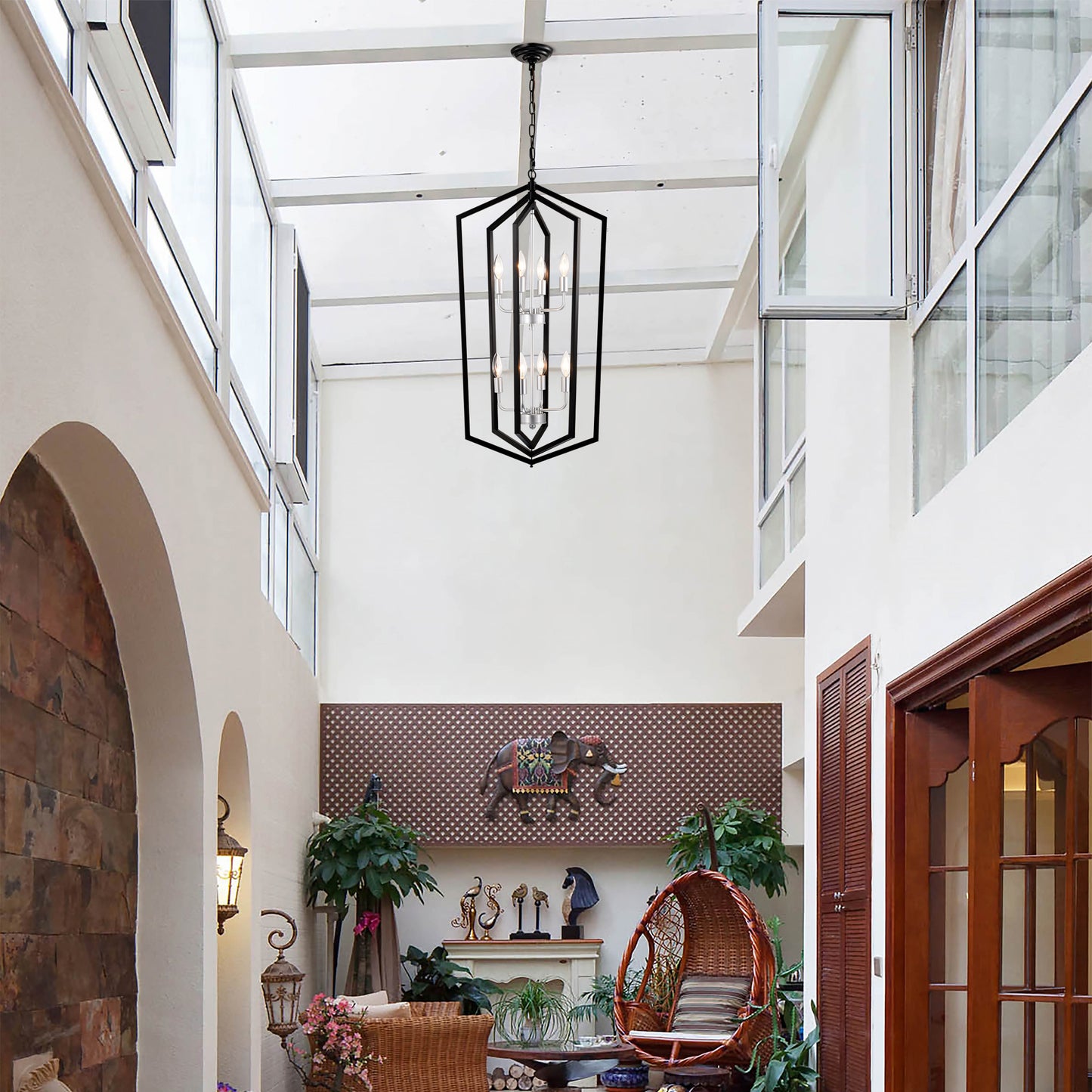 Geometric black metal chandelier with candelabra bulbs modern farmhouse style lighting