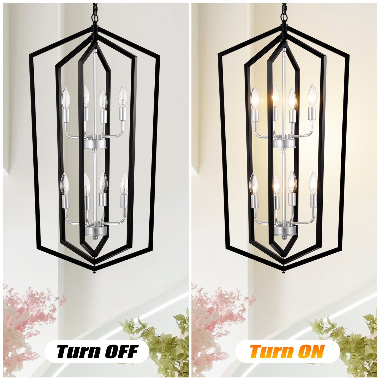 Black metal geometric chandelier with light bulbs modern farmhouse style