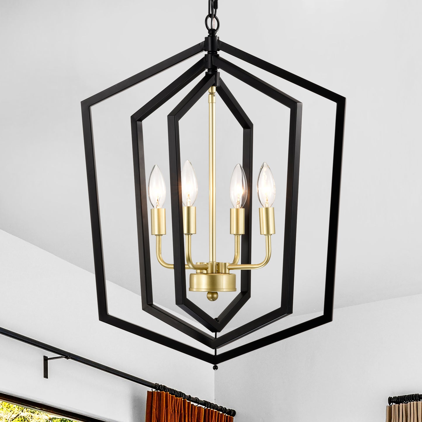 Black geometric chandelier with brass accents and four candelabra bulbs