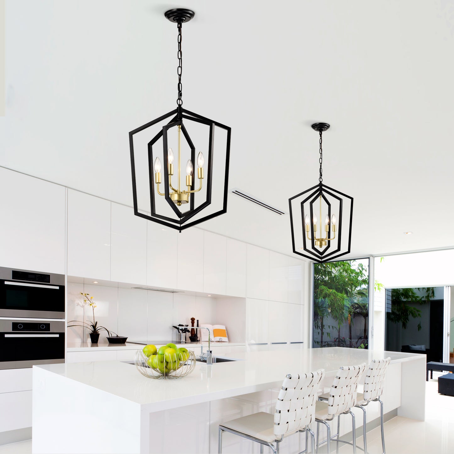 Geometric black pendant light with brass accents and four bulbs