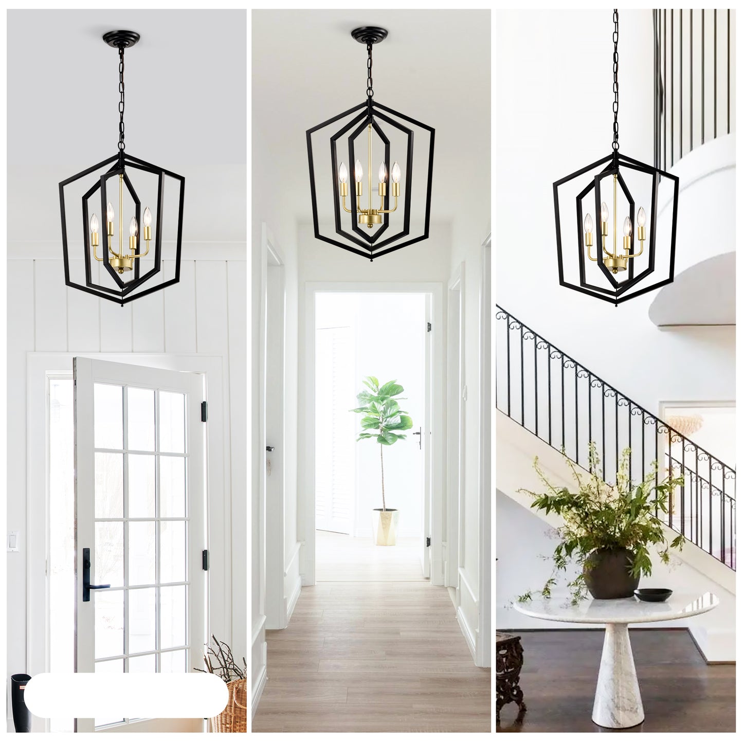 Modern black geometric pendant light with gold accents illuminates entryway