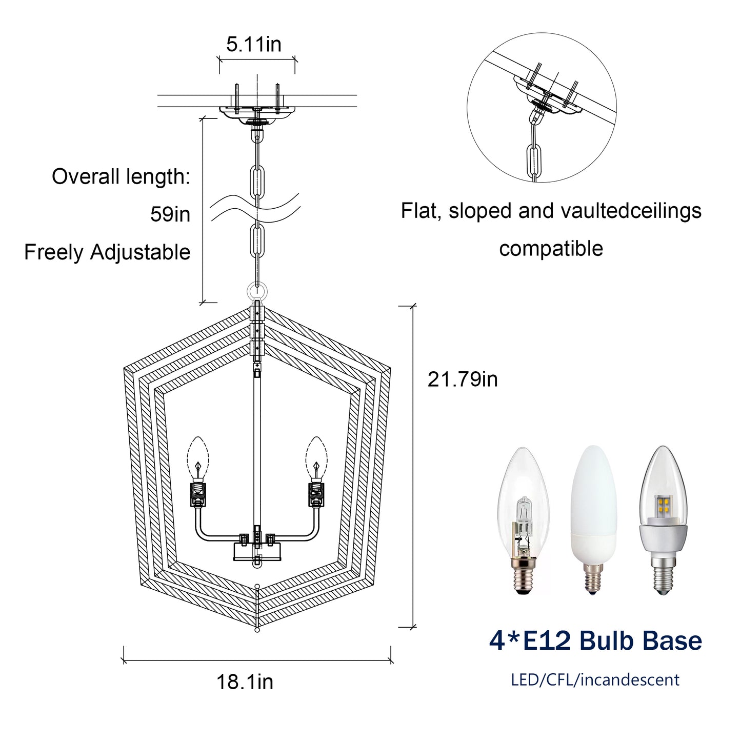 Line drawing of a geometric chandelier in wide with adjustable chain for in length