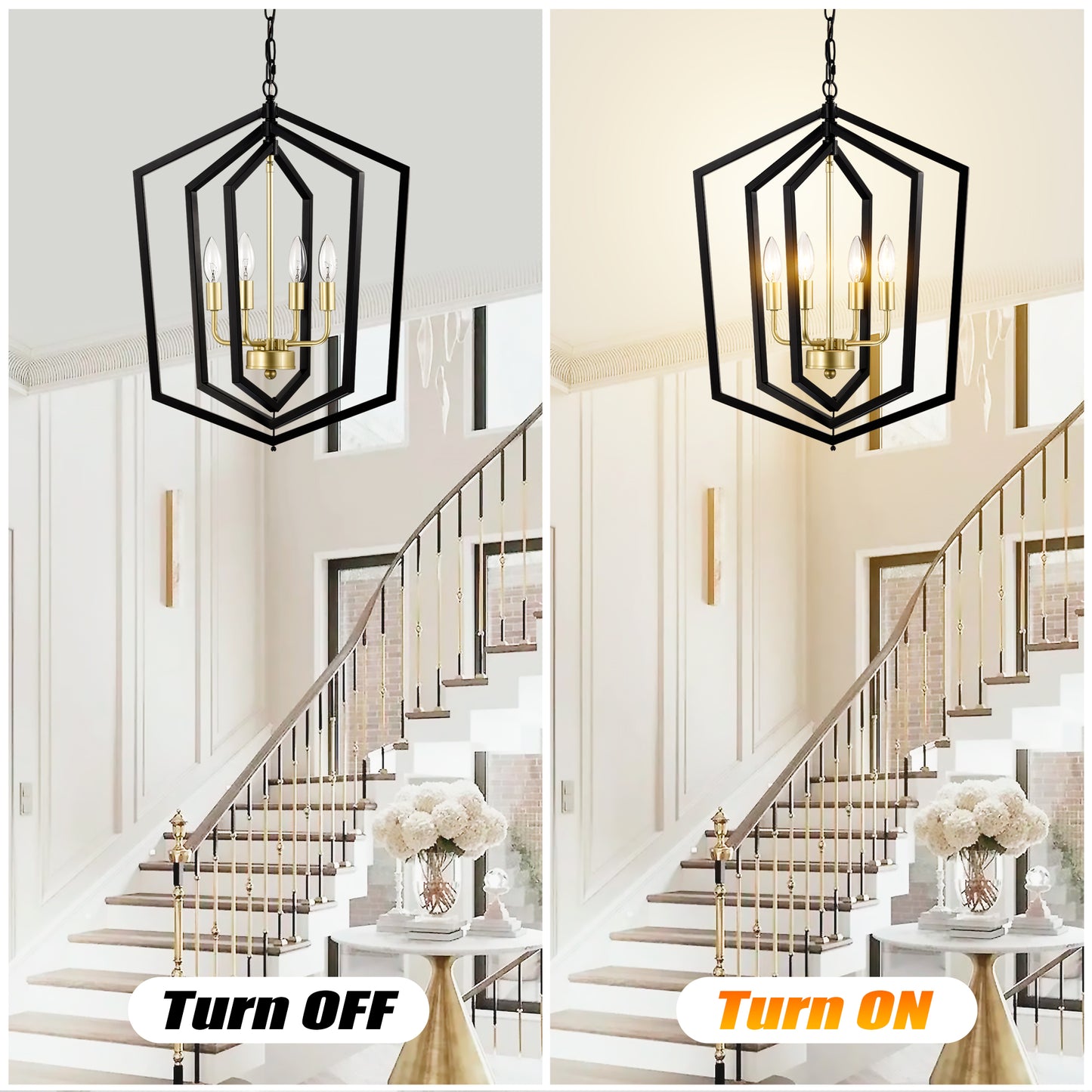 Modern geometric black and brass foyer chandelier with candelabra bulbs