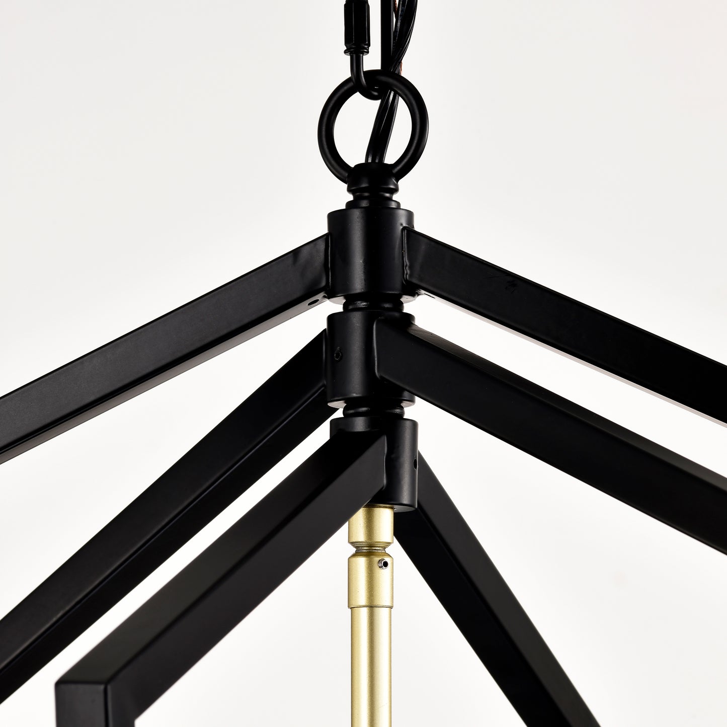 Black metal geometric chandelier frame with brass accents