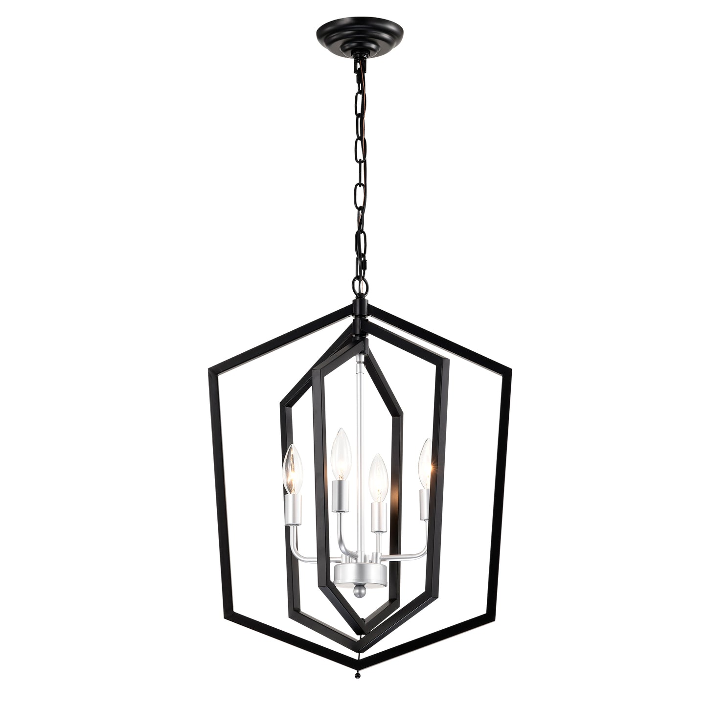 Geometric black metal chandelier with four candelabra bulbs and silver accents