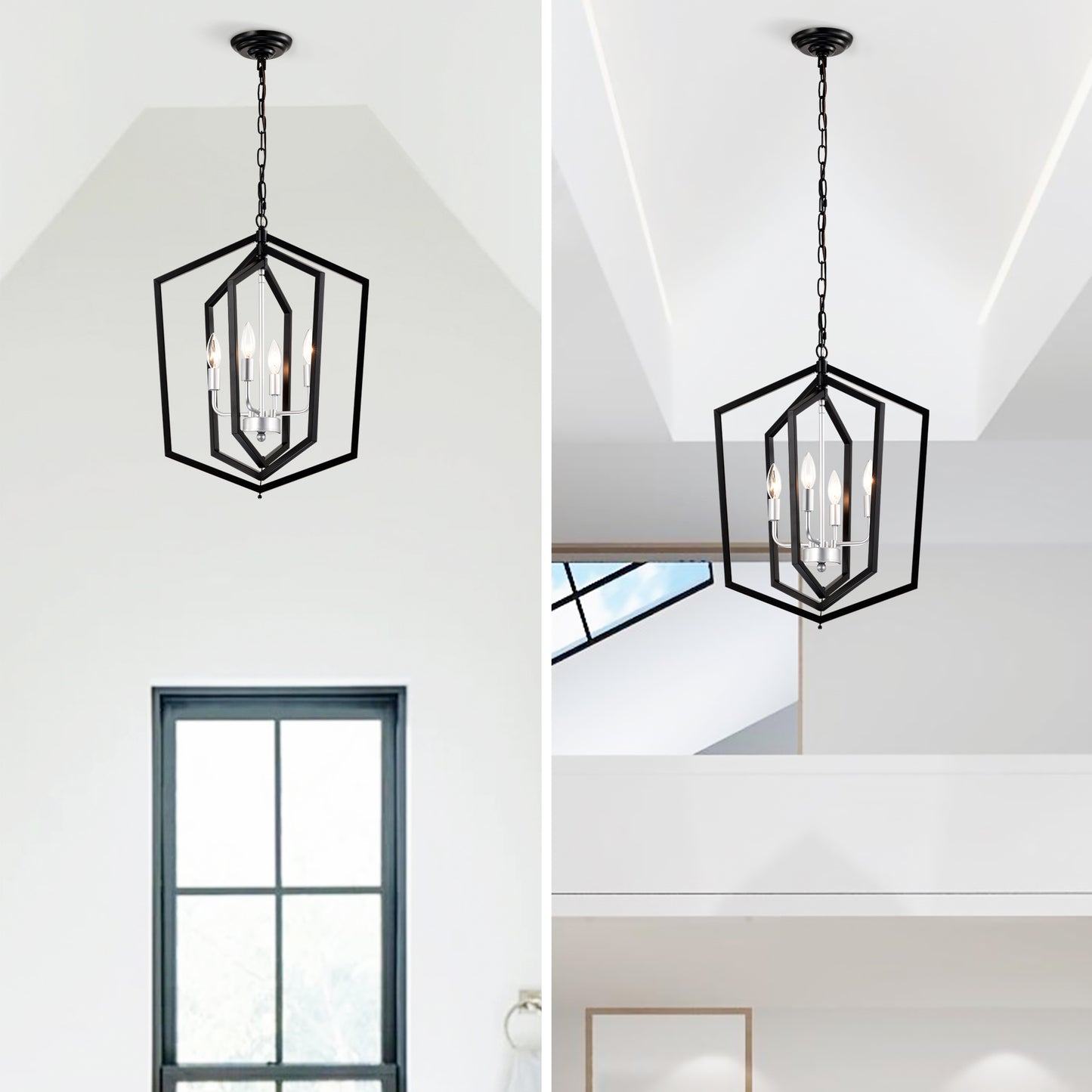 Modern black hexagon chandelier with four faux candle lights for dining room