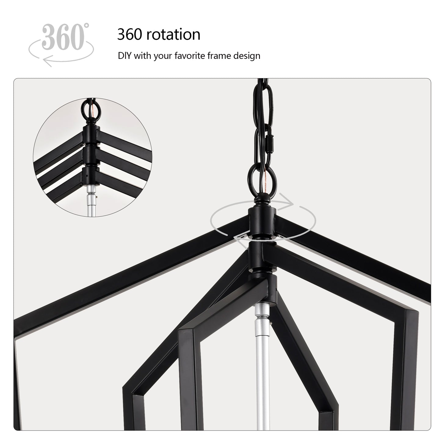Black metal geometric pendant light with adjustable chain and rotation feature