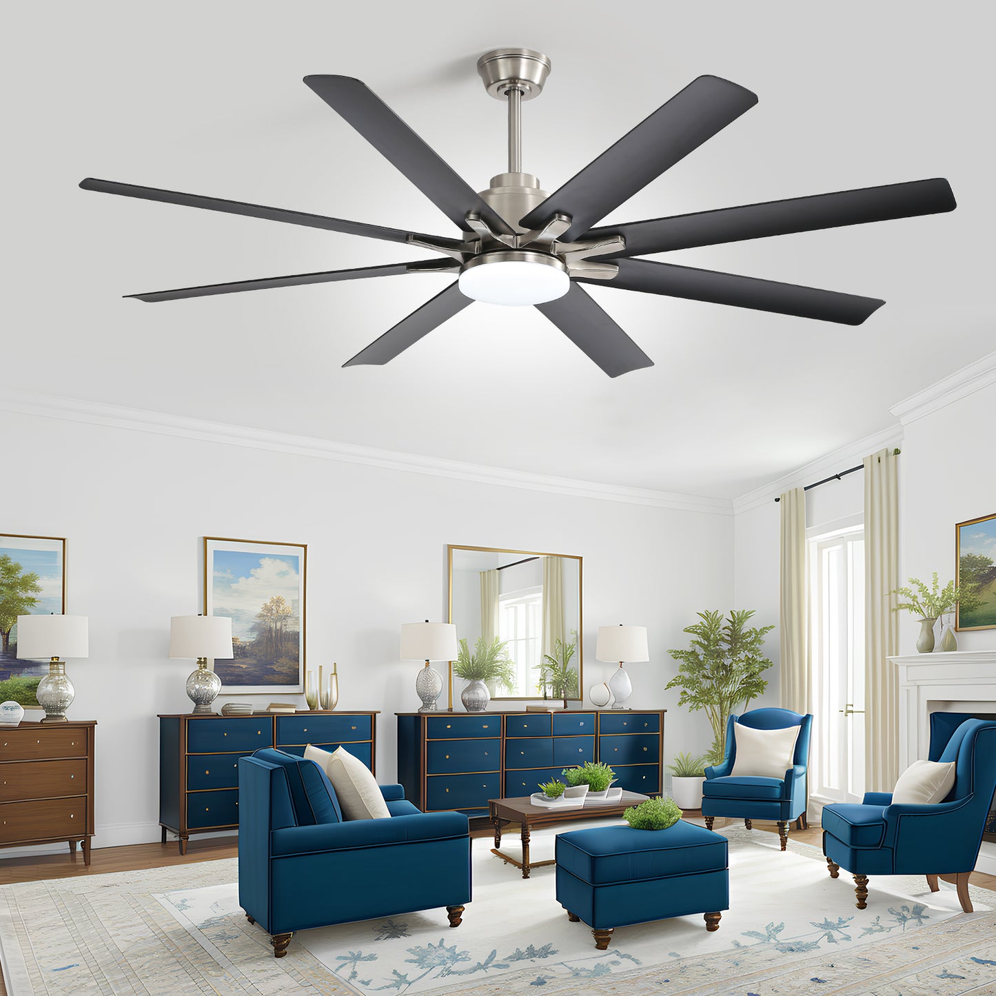 Contemporary brushed nickel ceiling fan with dark gray blades and integrated LED light
