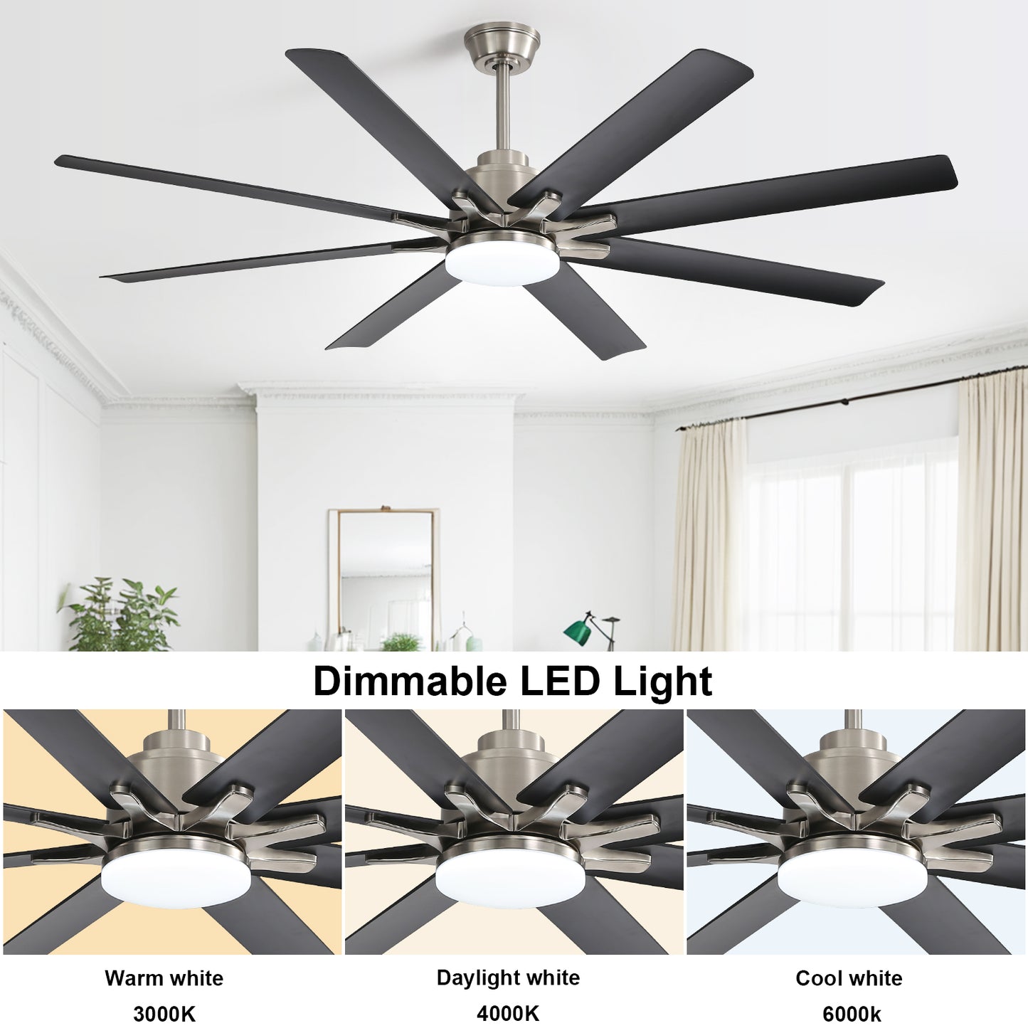 Modern blade ceiling fan with brushed nickel finish and dark blades