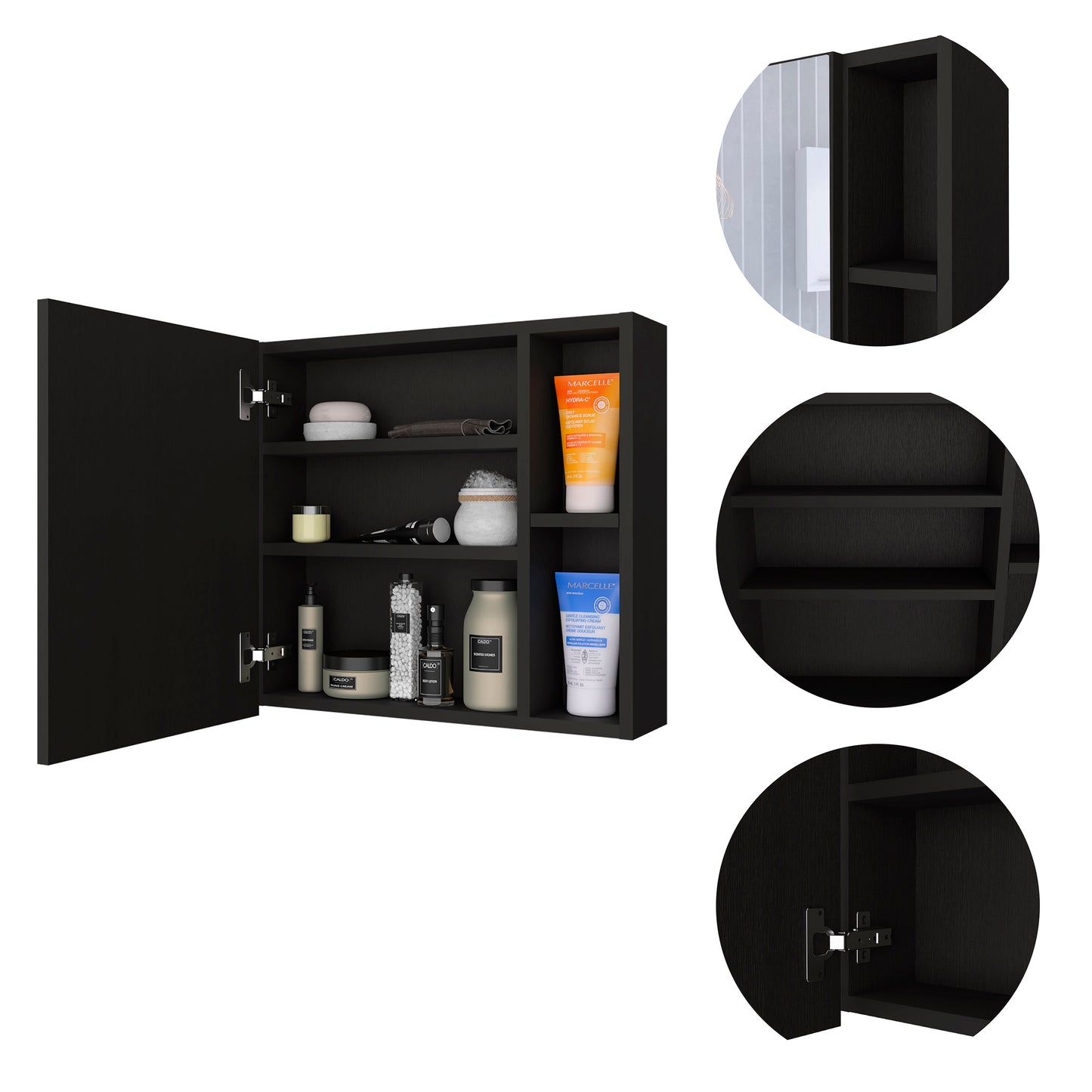 Black modern bathroom cabinet with shelves and vanity products displayed