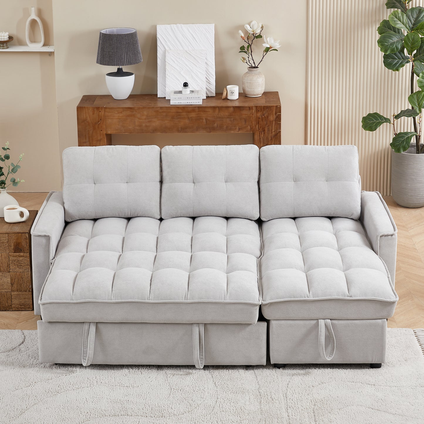 Light grey tufted sectional sofa bed with plush fabric perfect for small living spaces