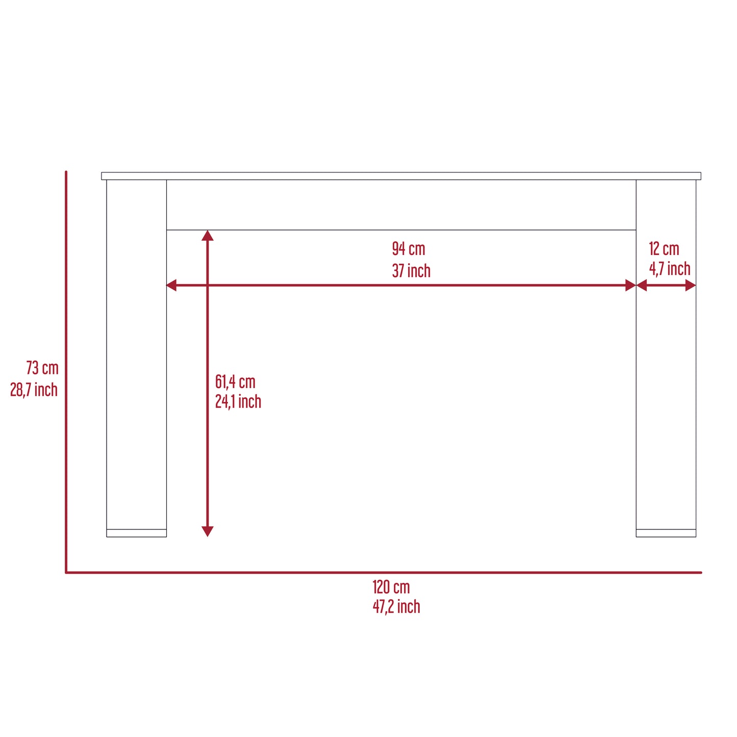 Diagram showing a desk with dimensions cm length cm height cm width and cm depth
