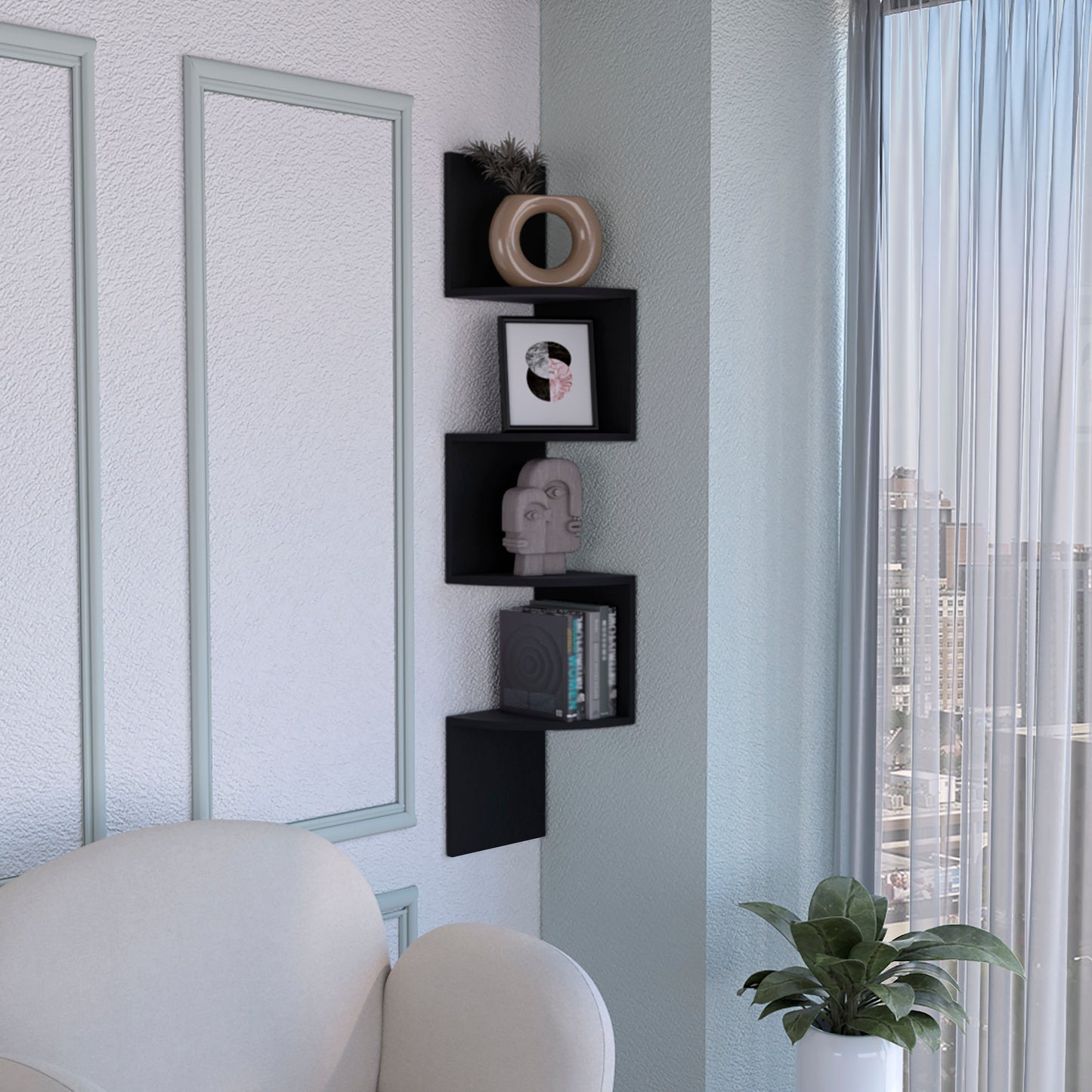 Black zigzag wall shelf holding decorative objects and books