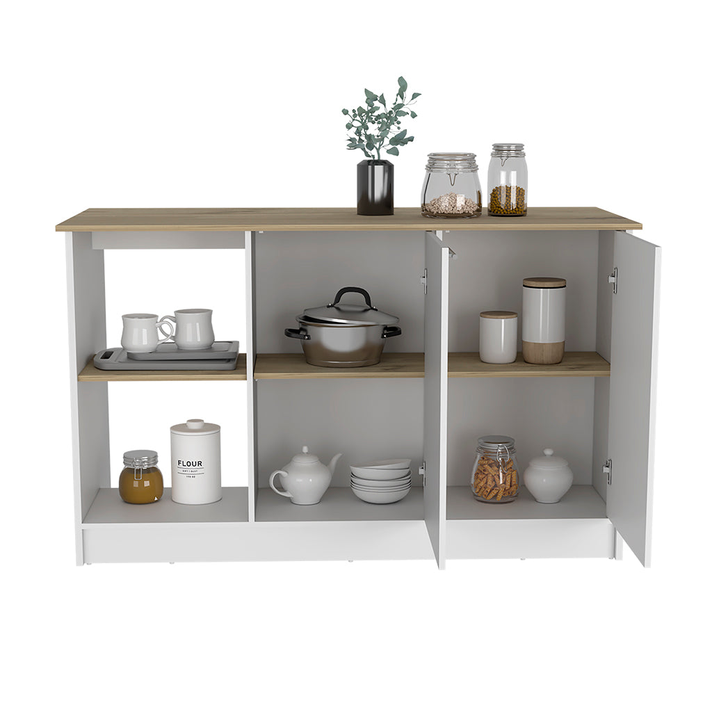 White and wood storage cabinet with open shelves and closed doors