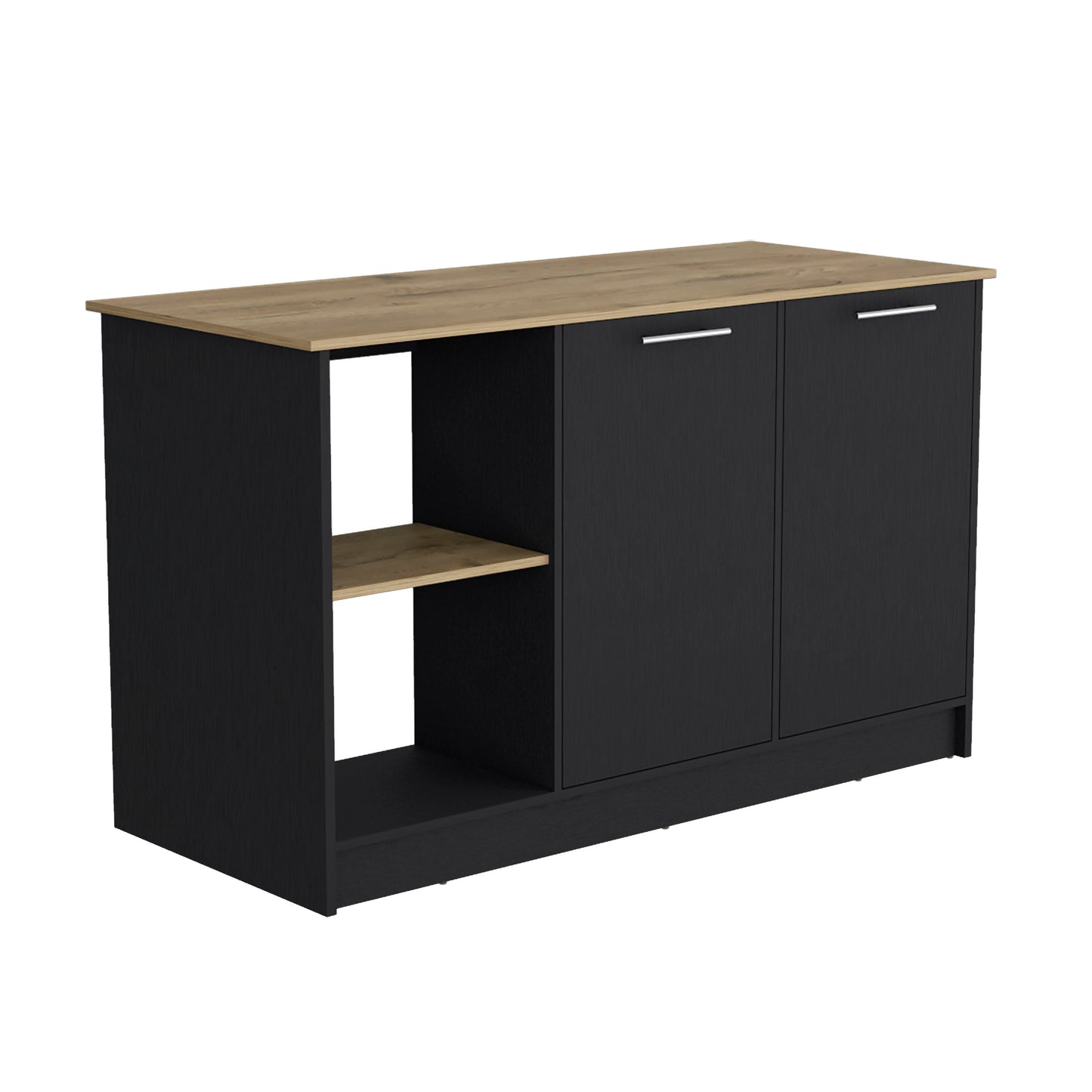 Black and oak modern sideboard with two cabinet doors and open shelving