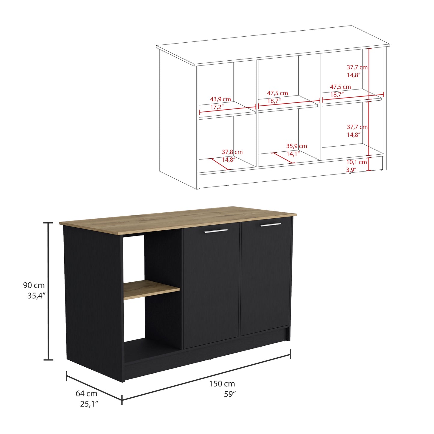 Black sideboard with natural wood top and open shelf