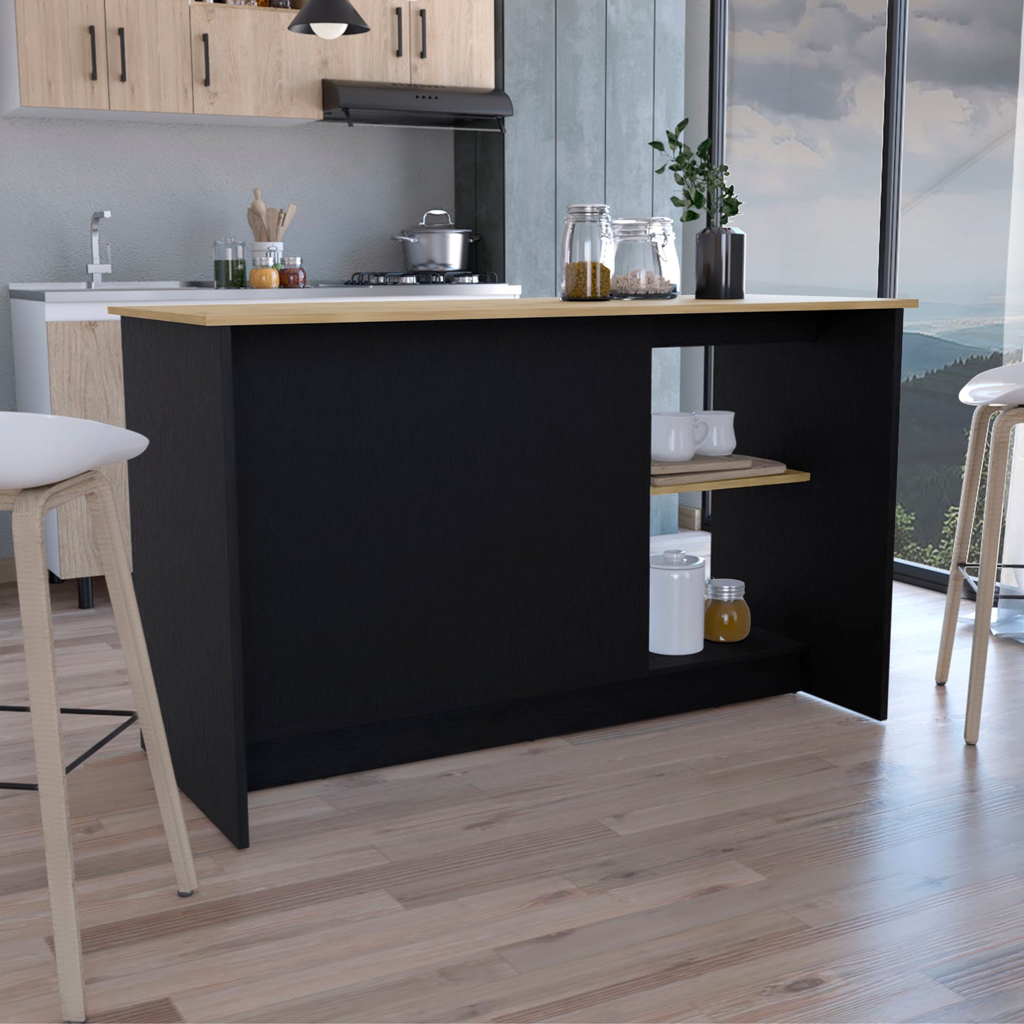 Modern black kitchen island with wood countertop providing ample workspace and storage