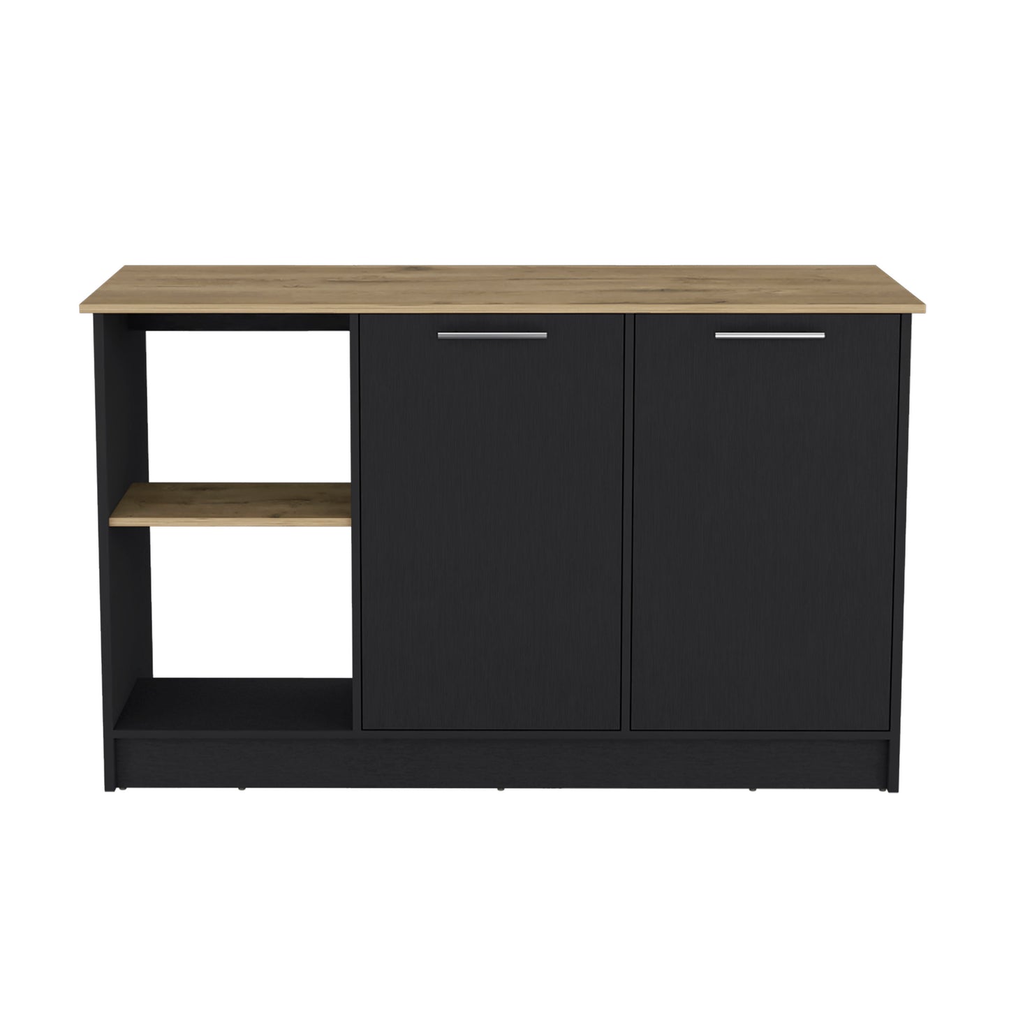 Black sideboard with wood top and open shelving