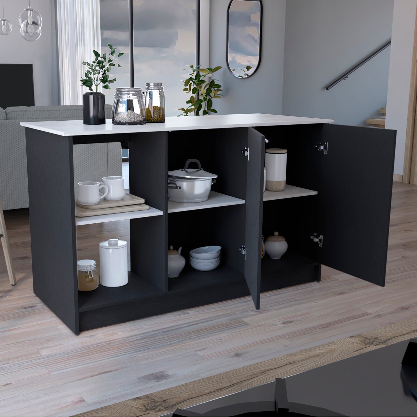 Dark gray kitchen island with white countertop