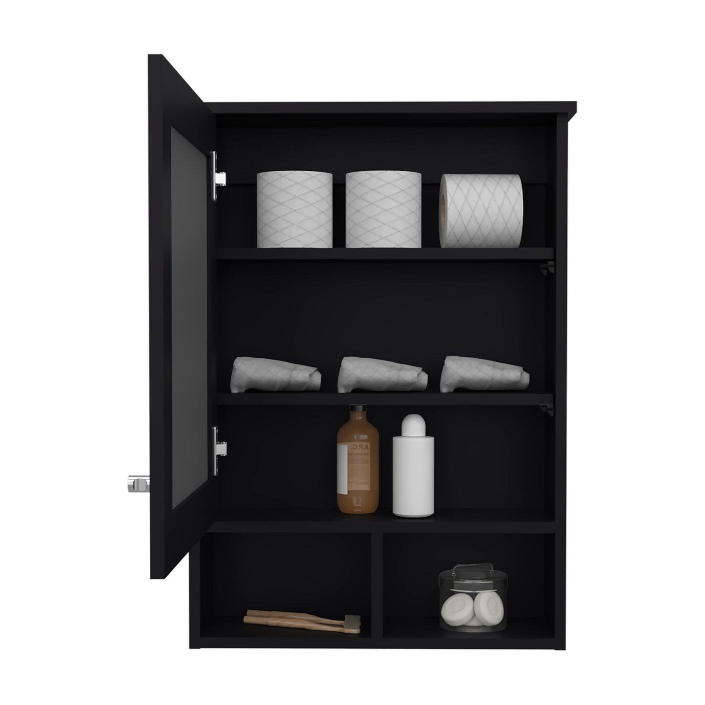 Black medicine cabinet with glass door storing toiletries