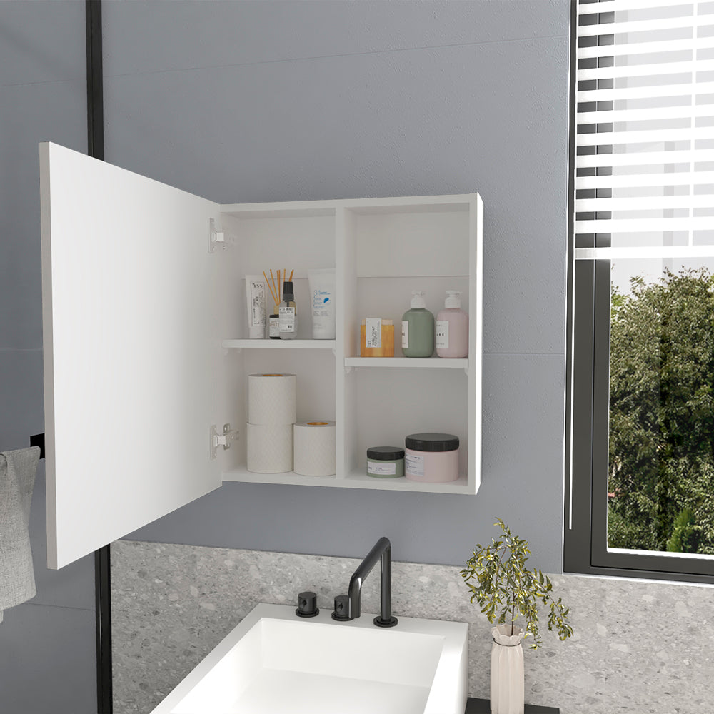 White bathroom medicine cabinet with open door displaying toiletries and toilet paper