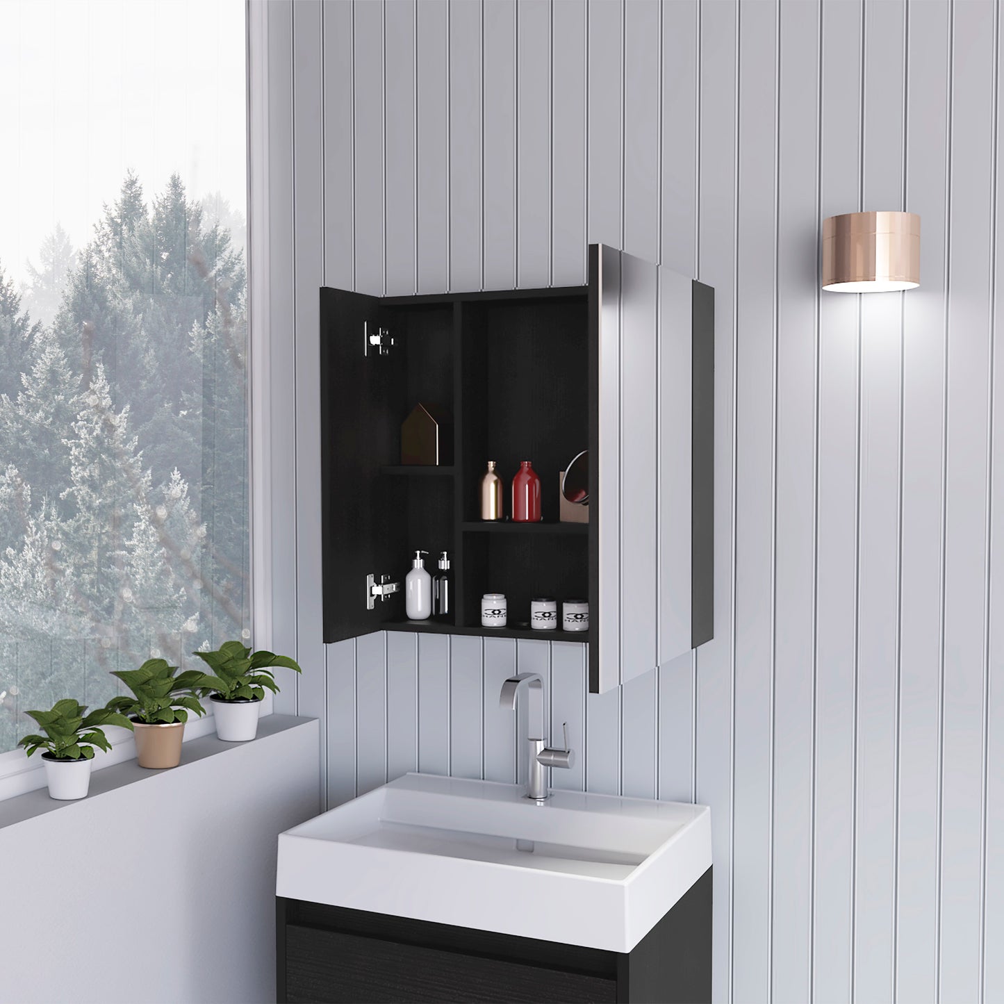 Modern bathroom vanity with a black wood grain cabinet and white sink