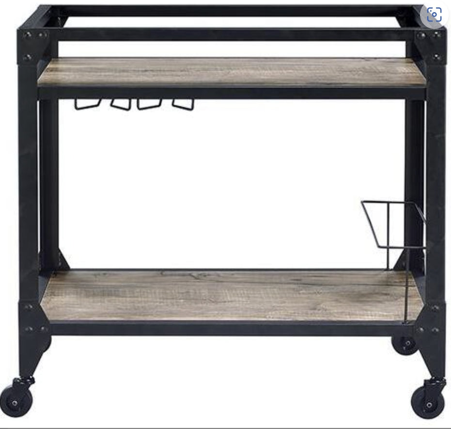 Industrial bar cart with black metal frame and rustic wood shelves