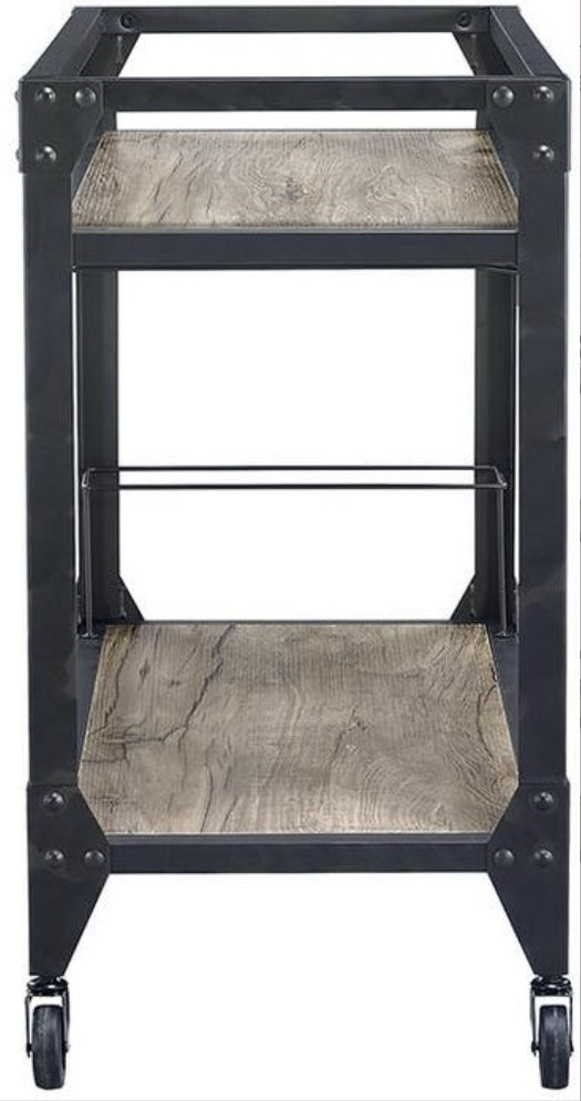 Industrial metal bar cart with two distressed wood shelves and wheels